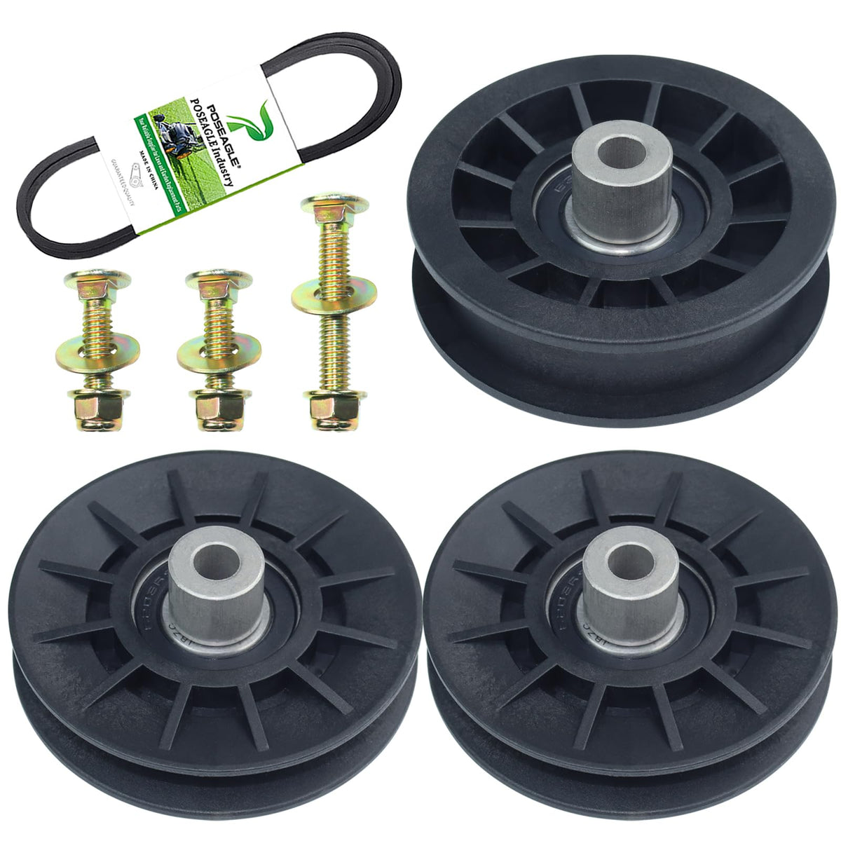 POSEAGLE vista frontal del empaque con poleas y correa, ofrece kit completo