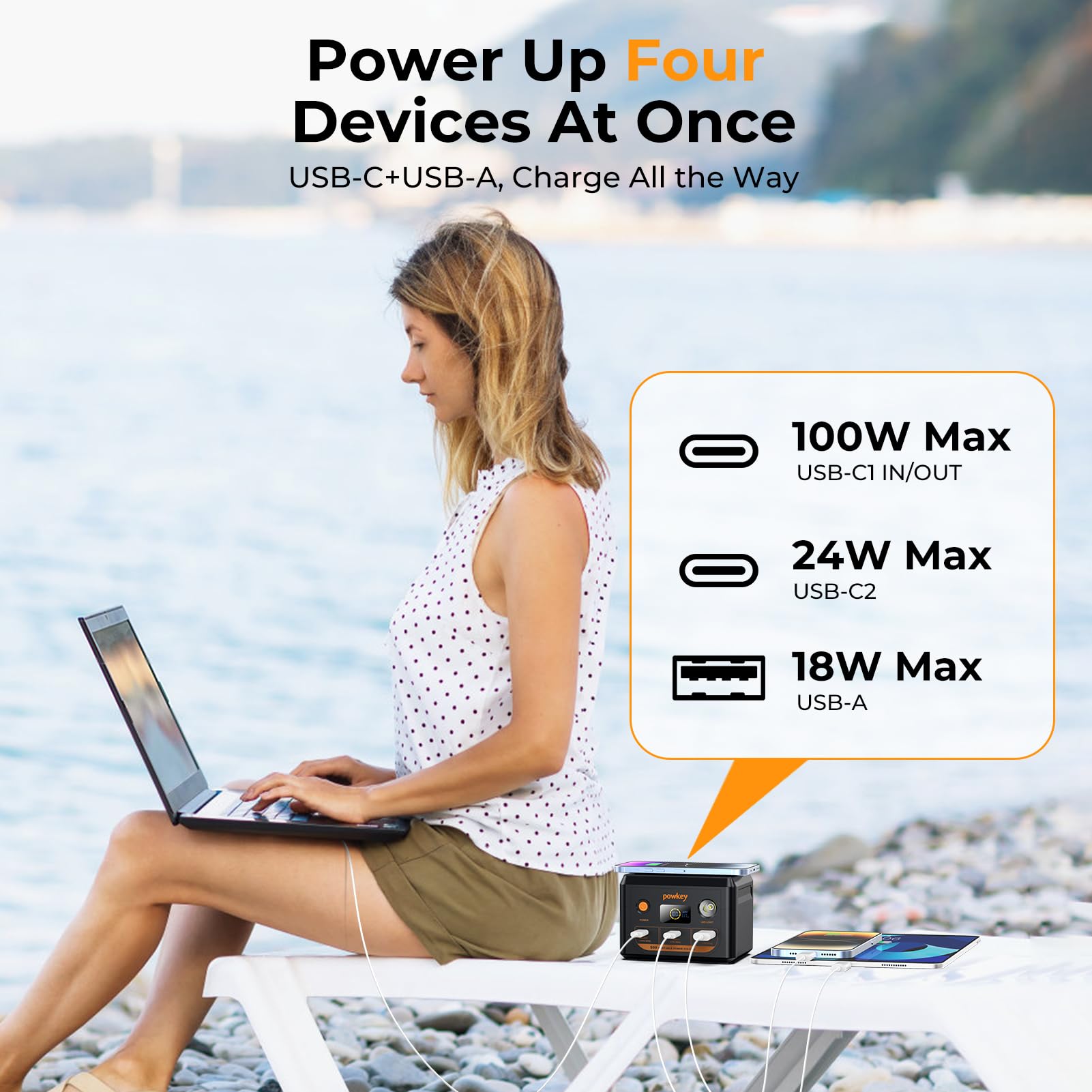 powkey puertos USB-C y USB-A con cable incluido mostrando versatilidad de carga