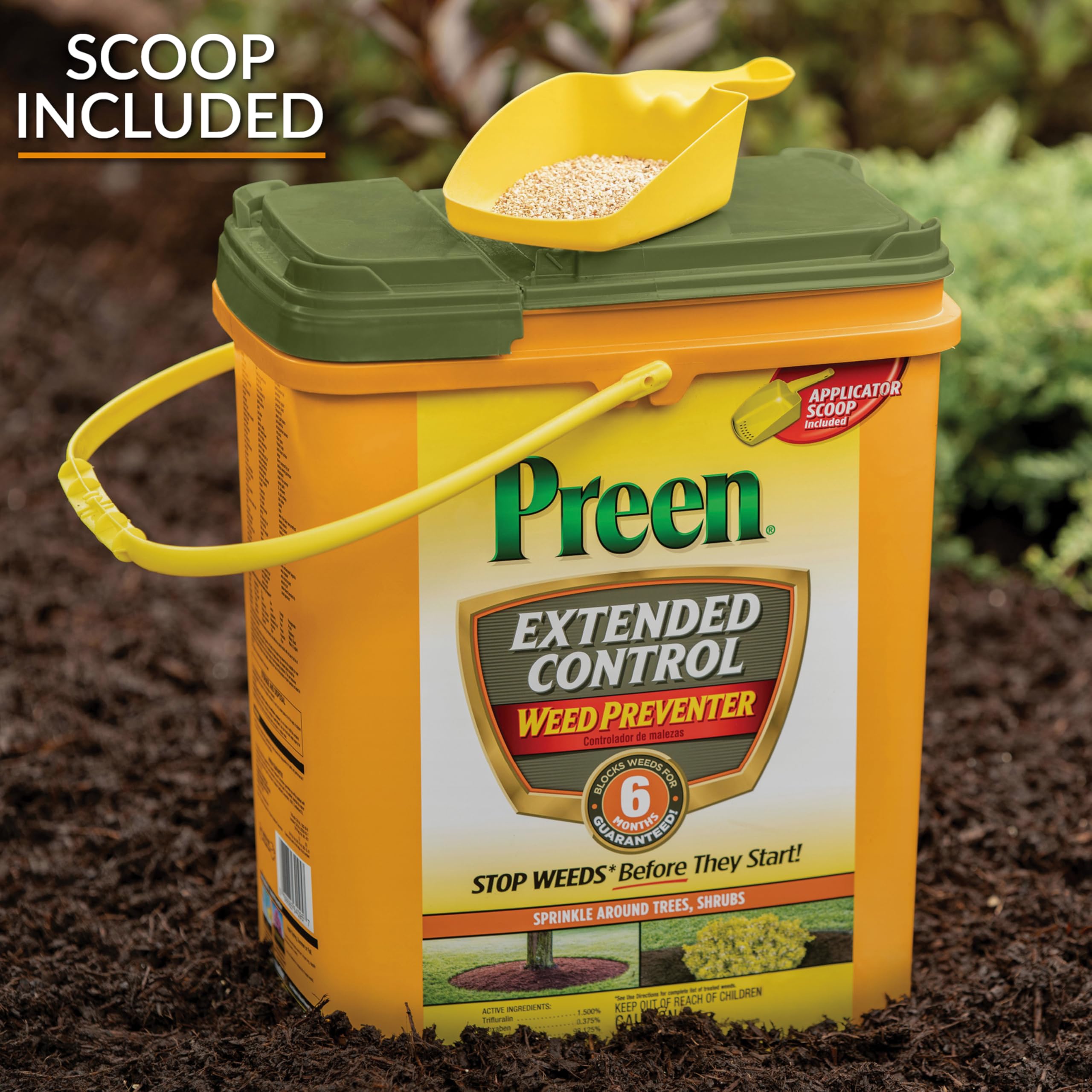 Preen etiqueta con instrucciones y lista de plantas compatibles