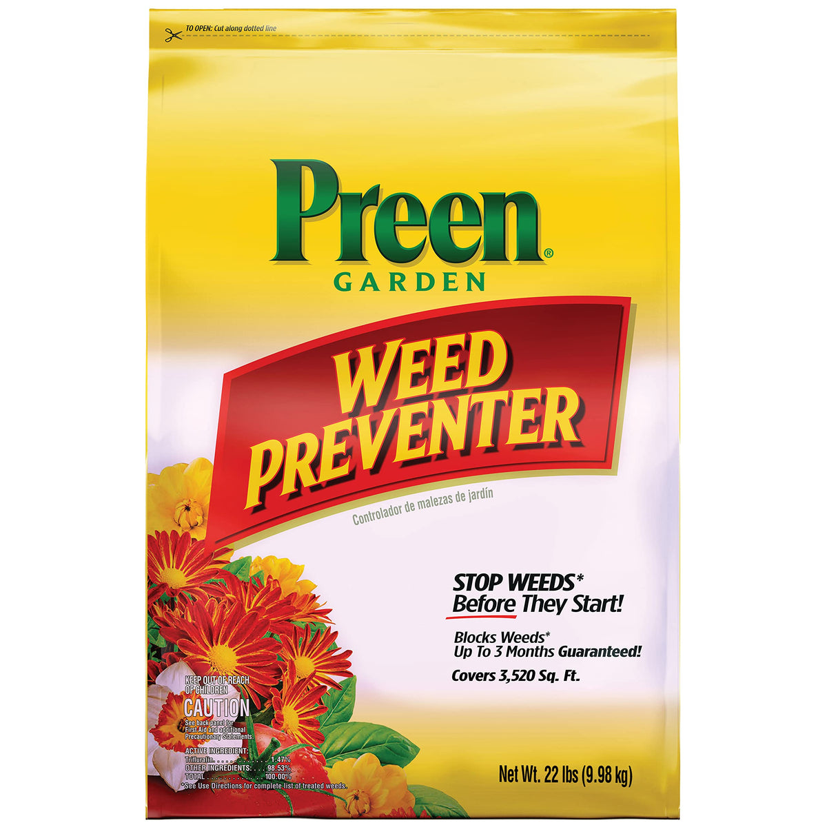 Preen bolsa 22 lb vista frontal mostrando cobertura y marca