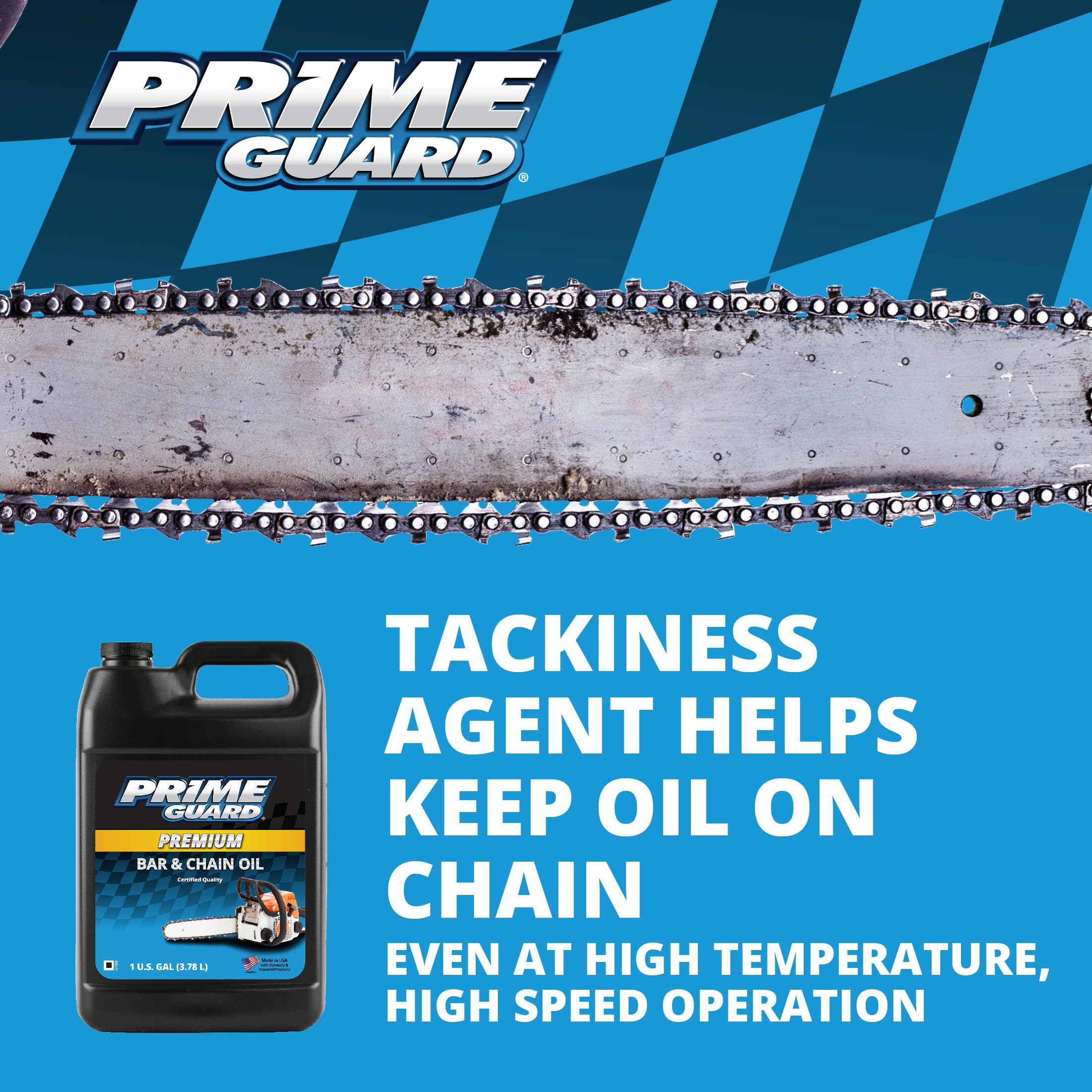 Prime Guard envase aplicado en motosierra, menor desgaste visible