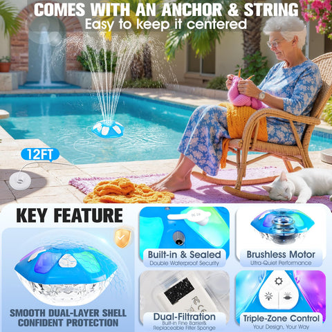 ProSplash fuente en piscina nocturna con espectáculo de luces y ambiente festivo
