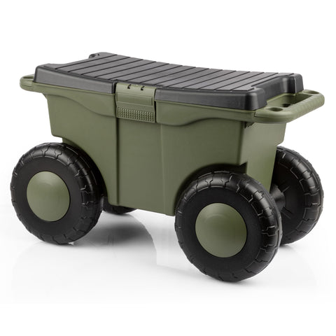 Pure Garden vista frontal del carrito con asiento, organiza herramientas fácilmente