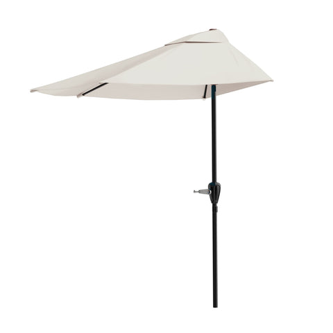Pure Garden vista frontal del parasol medio círculo mostrando la cubierta champagne y estética