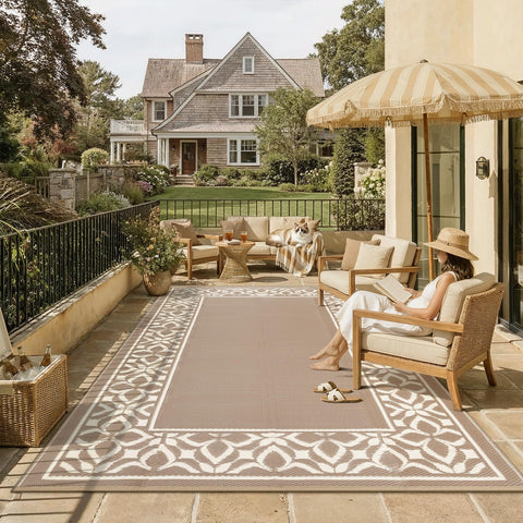 PureCozy alfombra colocada en patio con muebles para ambiente acogedor