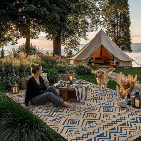 PureCozy alfombra colocada en patio con muebles ofreciendo estilo y protección