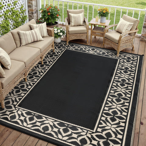PureCozy vista frontal de alfombra 8x10 que embellece el patio y soporta uso exterior