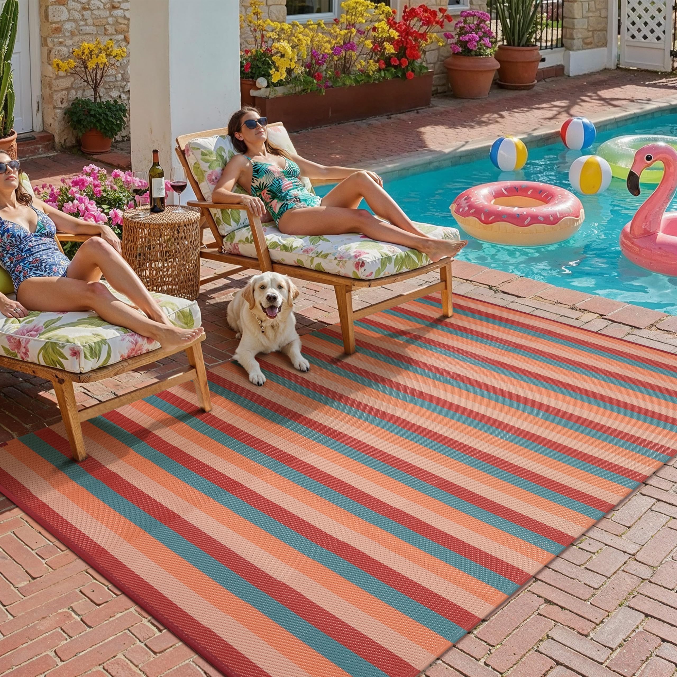 PureCozy alfombra exterior frontal mostrando rayas naranja rojo y beneficio estético