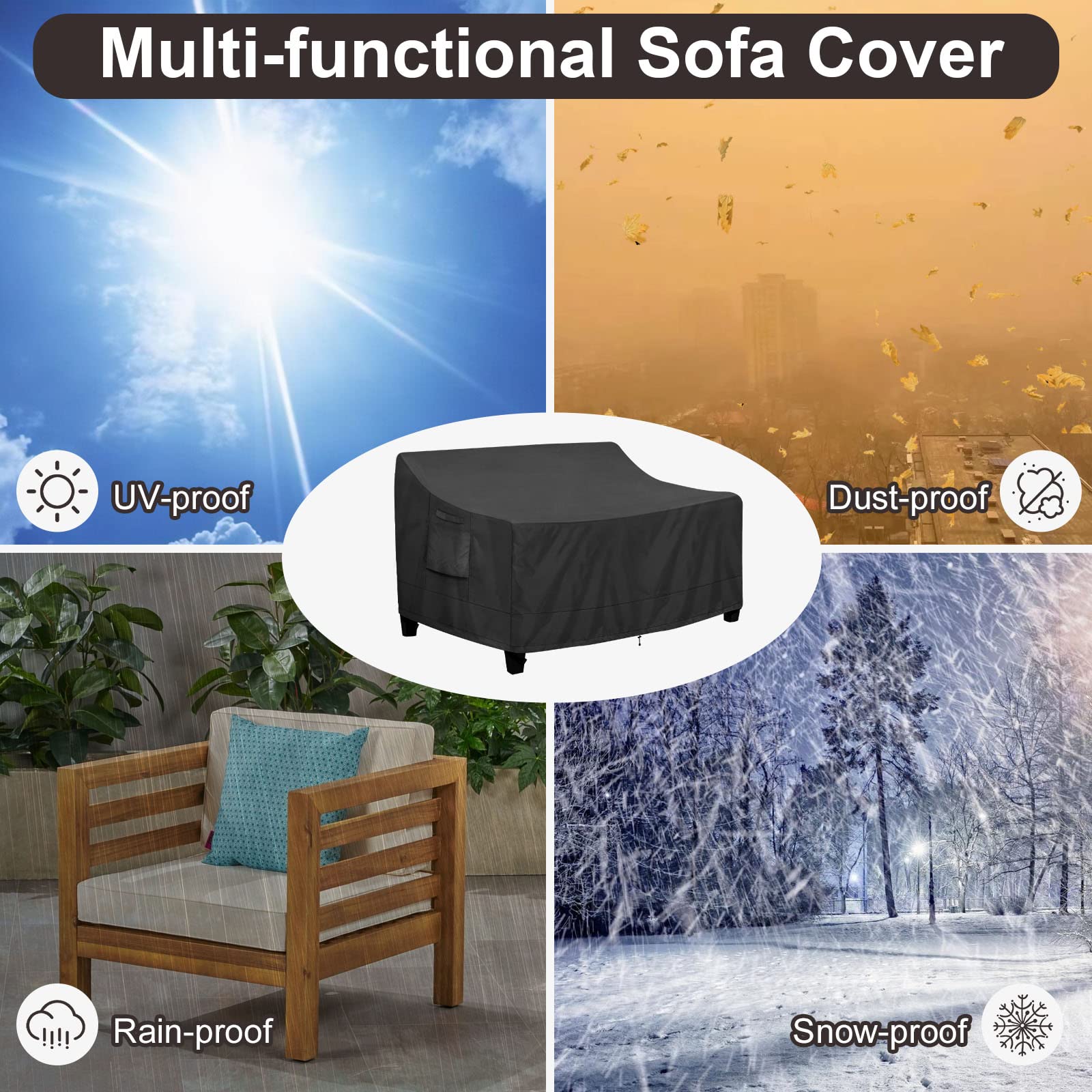 PureFit funda colocada en sofá de patio demostrando ajuste completo