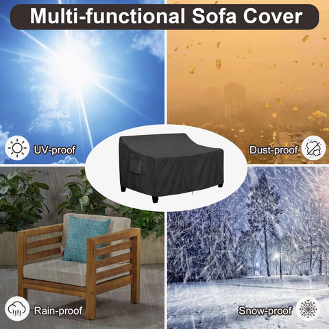 PureFit funda colocada en sofá de patio demostrando ajuste completo