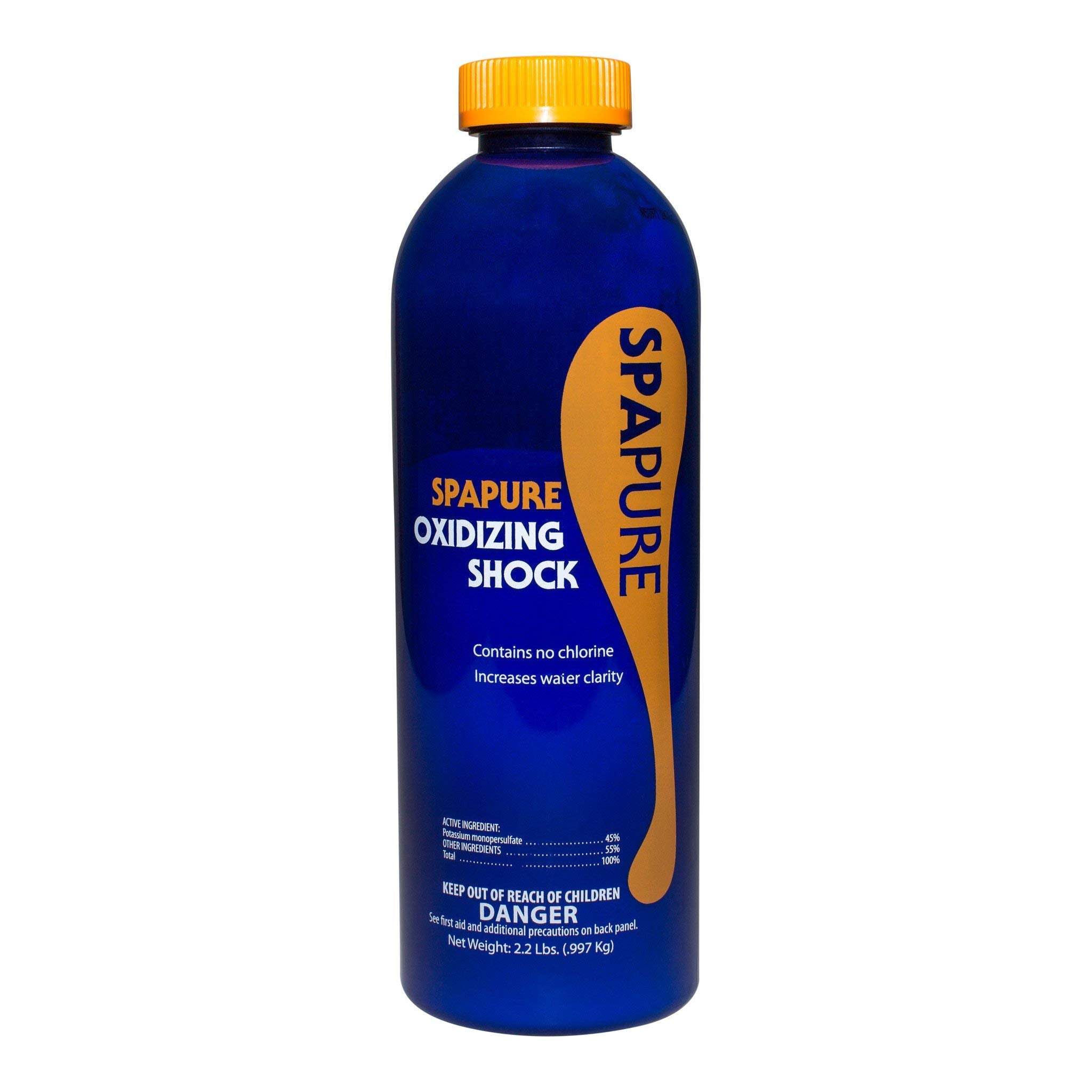 PureSpa bote frontal del SpaPure Oxidizing Shock mostrando etiqueta y beneficio de agua clara