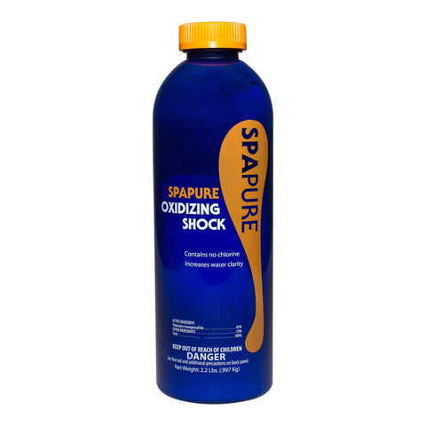PureSpa bote frontal del SpaPure Oxidizing Shock mostrando etiqueta y beneficio de agua clara