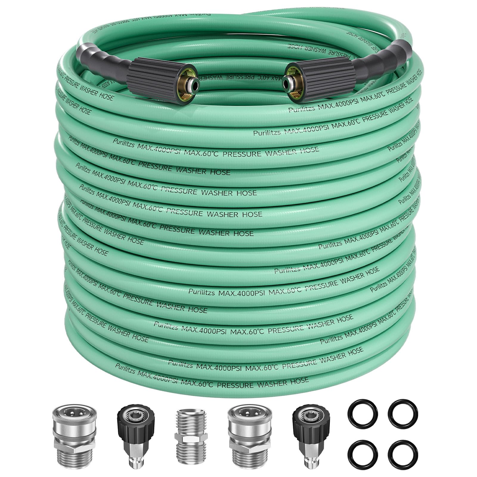 Purilitzs manguera 100FT vista frontal mostrando longitud y color mint green para alcance ampliado