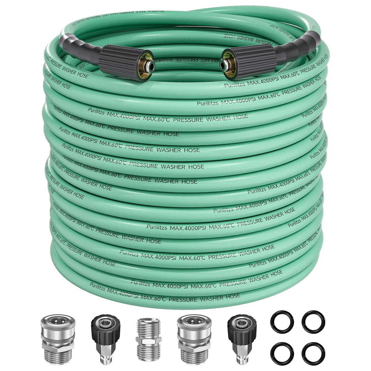 Purilitzs manguera 100FT vista frontal mostrando longitud y color mint green para alcance ampliado