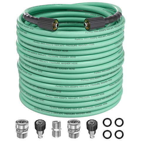 Purilitzs manguera 100FT vista frontal mostrando longitud y color mint green para alcance ampliado