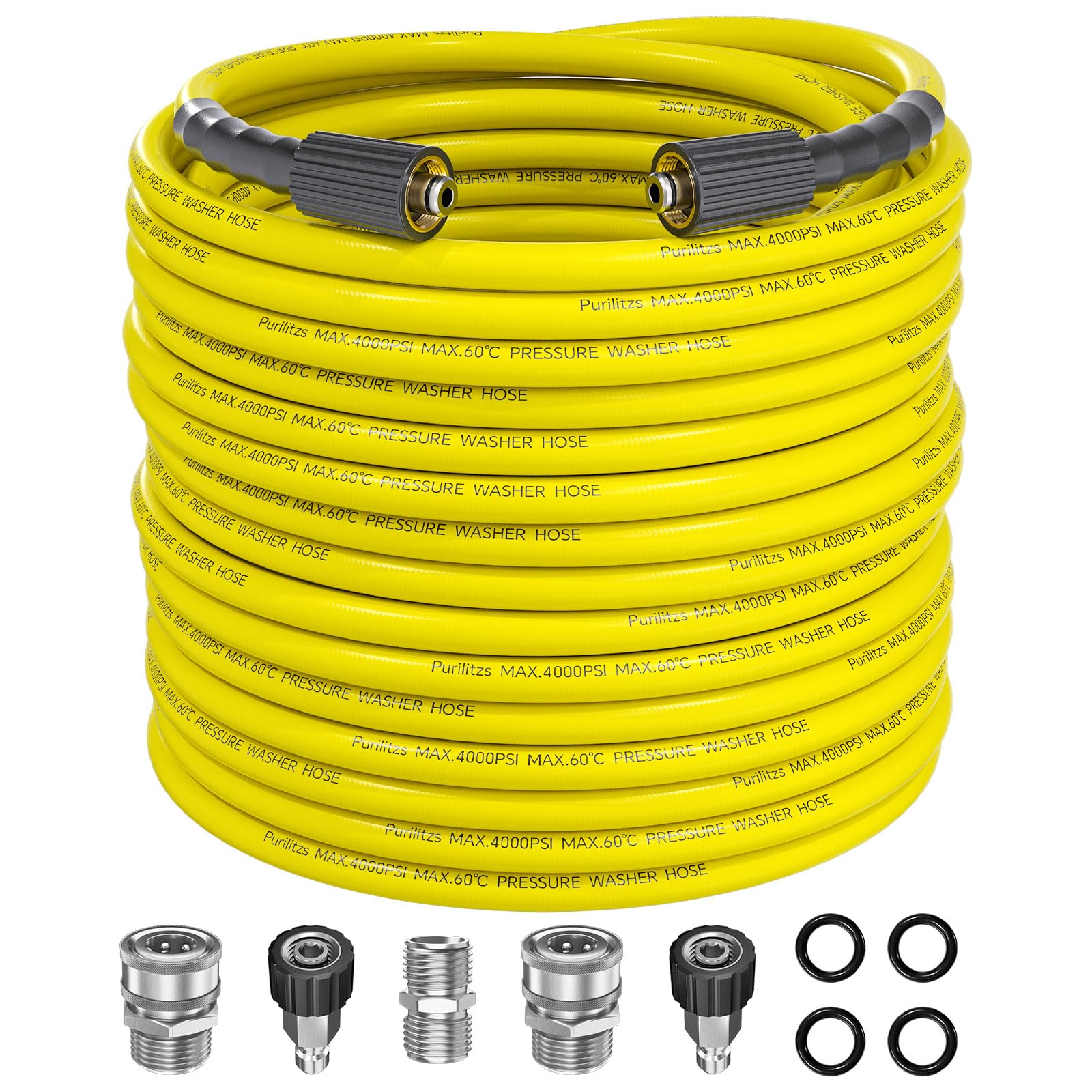Purilitzs manguera 100FT con empaque mostrando longitud y color amarillo, durable