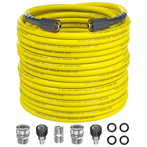 Purilitzs manguera 100FT con empaque mostrando longitud y color amarillo, durable