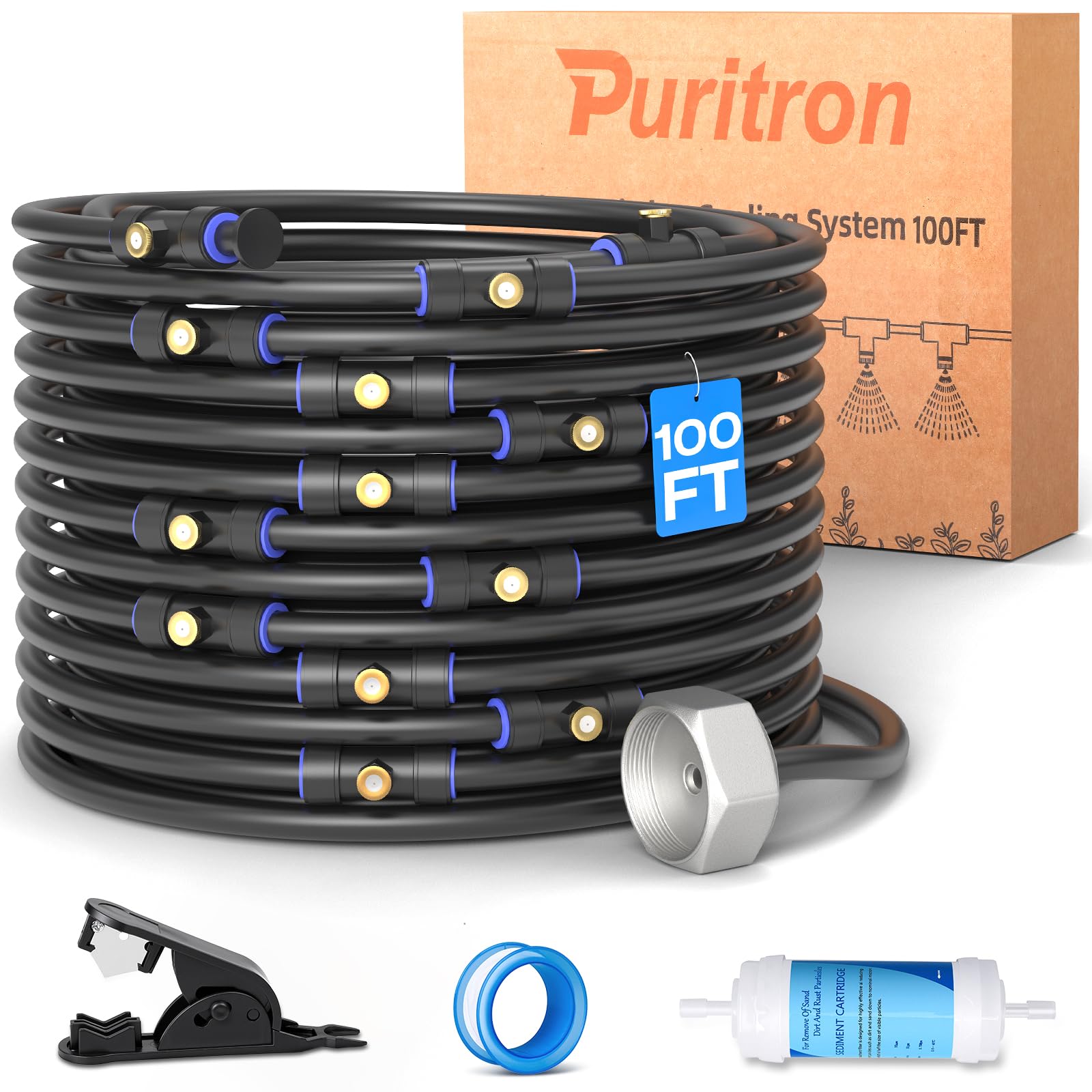 Puritron embalaje frontal mostrando el kit completo y rápido montaje