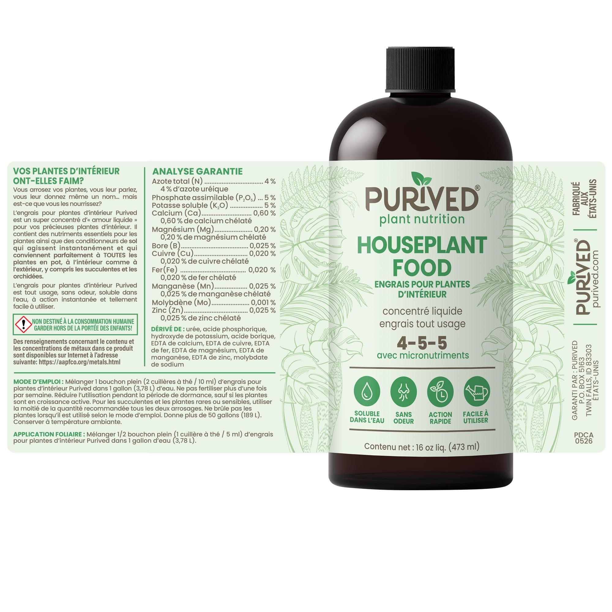 Purived envase con símbolos de calidad y origen made in USA