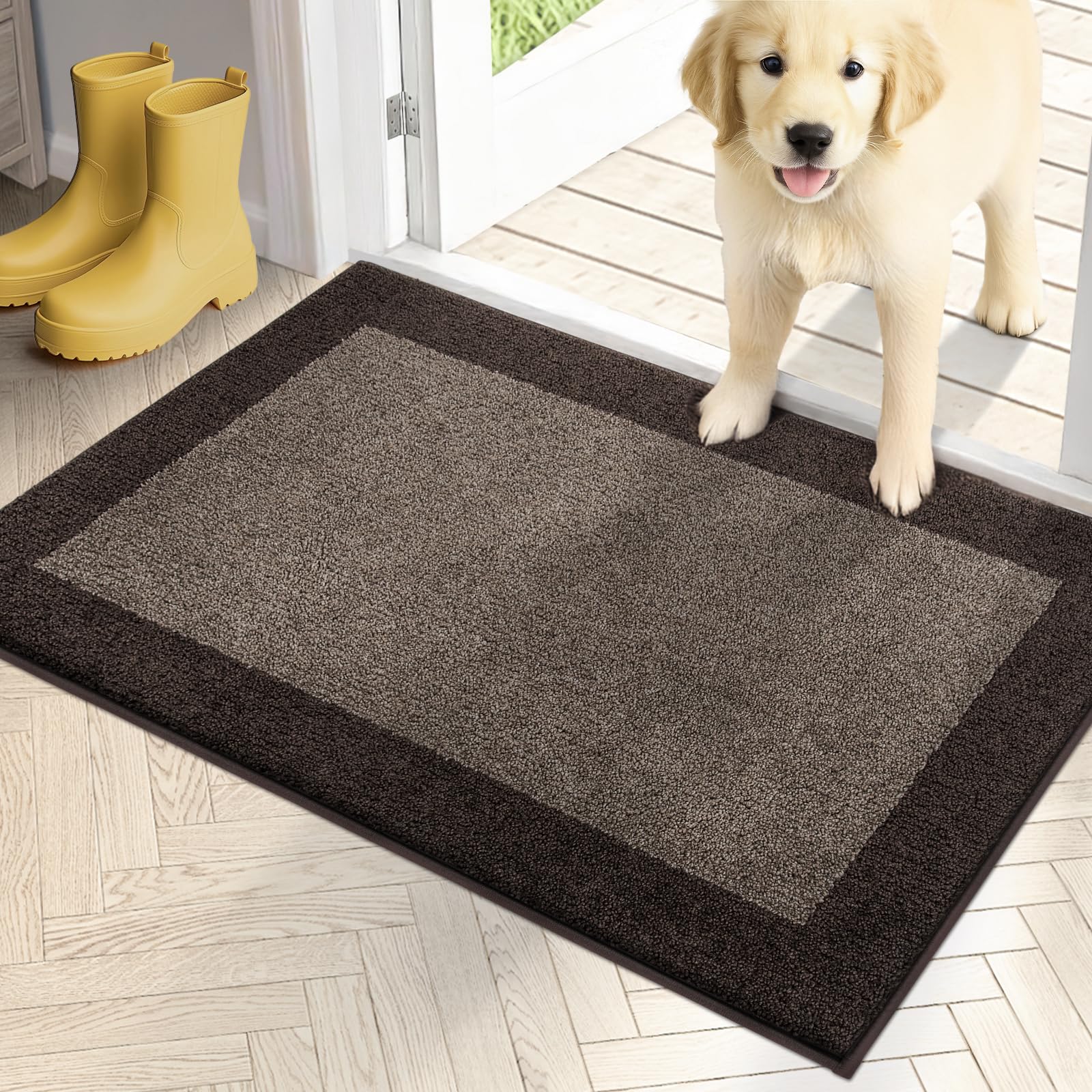 PURRUGS felpudo frontal 20x32 mostrando diseño gris marrón y café y beneficio de atrapar suciedad