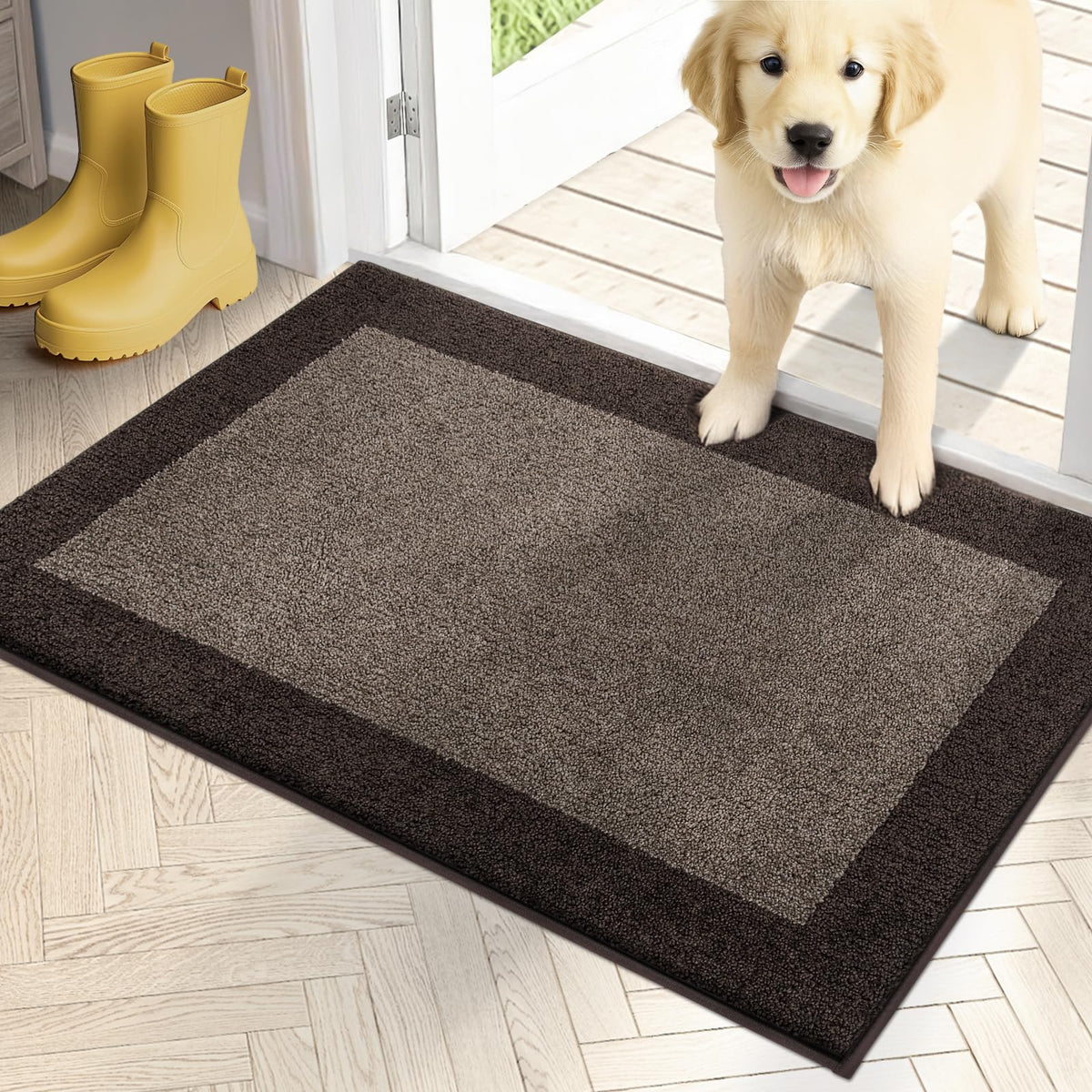 PURRUGS felpudo frontal 20x32 mostrando diseño gris marrón y café y beneficio de atrapar suciedad