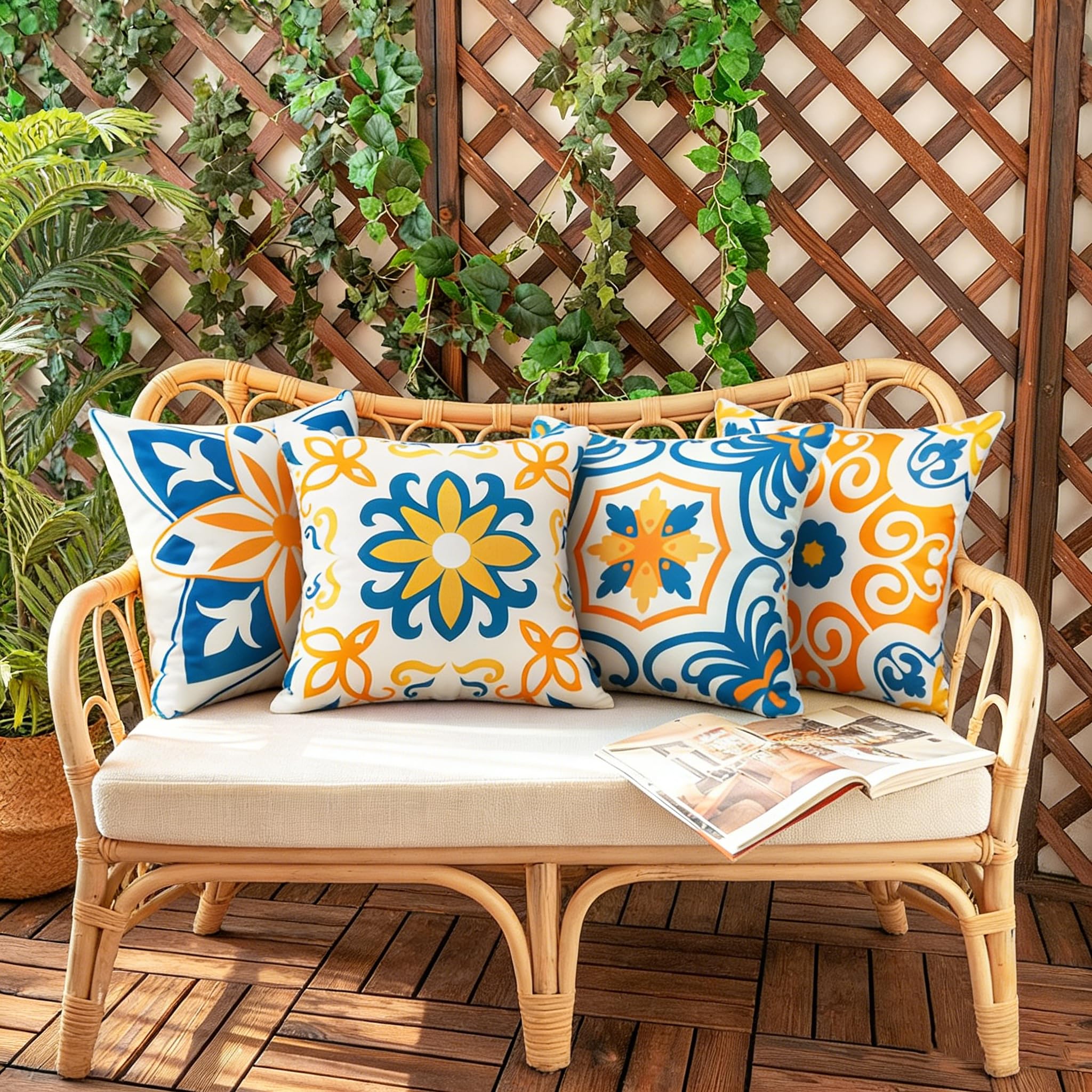Pyonic en sofa exterior ambientado aportando color y estilo a la terraza