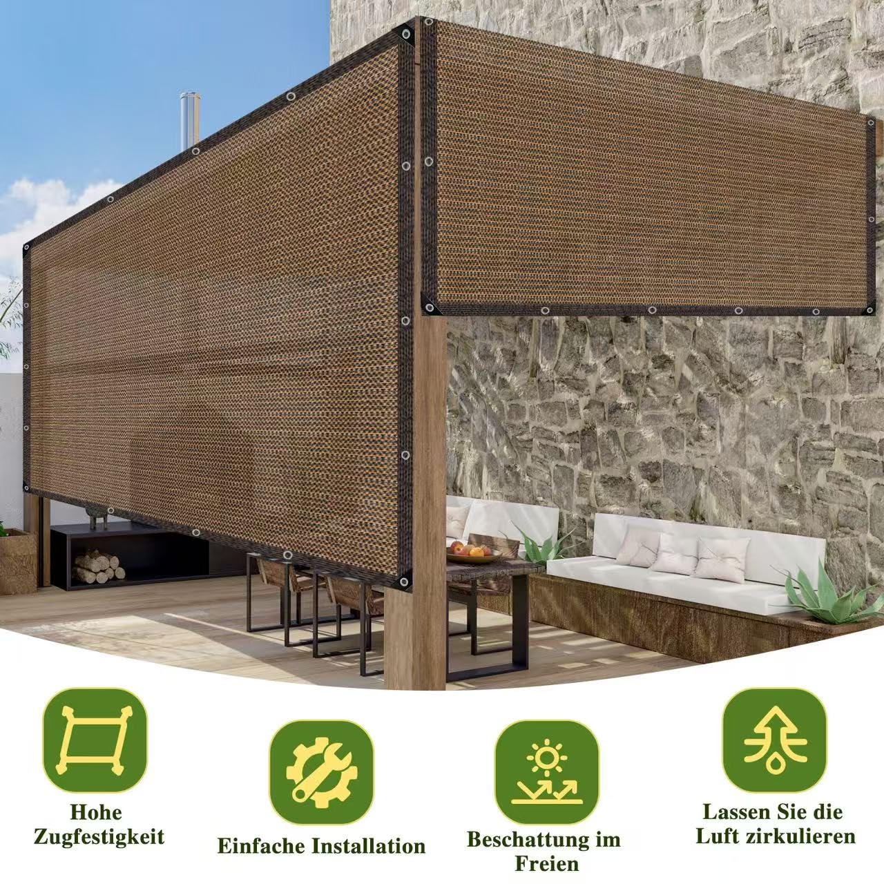 QHAIYYBF malla instalada en pérgola creando zona fresca y ventilada