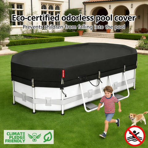 QH.HOME ambiente de jardín con cubierta protegiendo la piscina