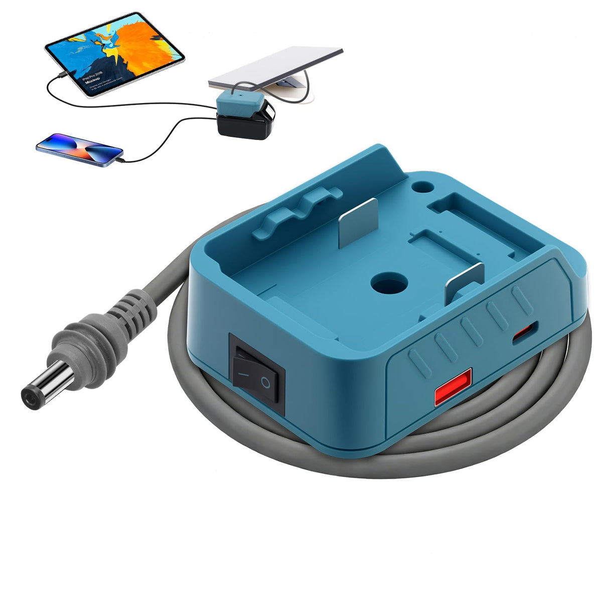 QKJCE adaptador frontal mostrando conector Makita y salida DC, confiabilidad inmediata