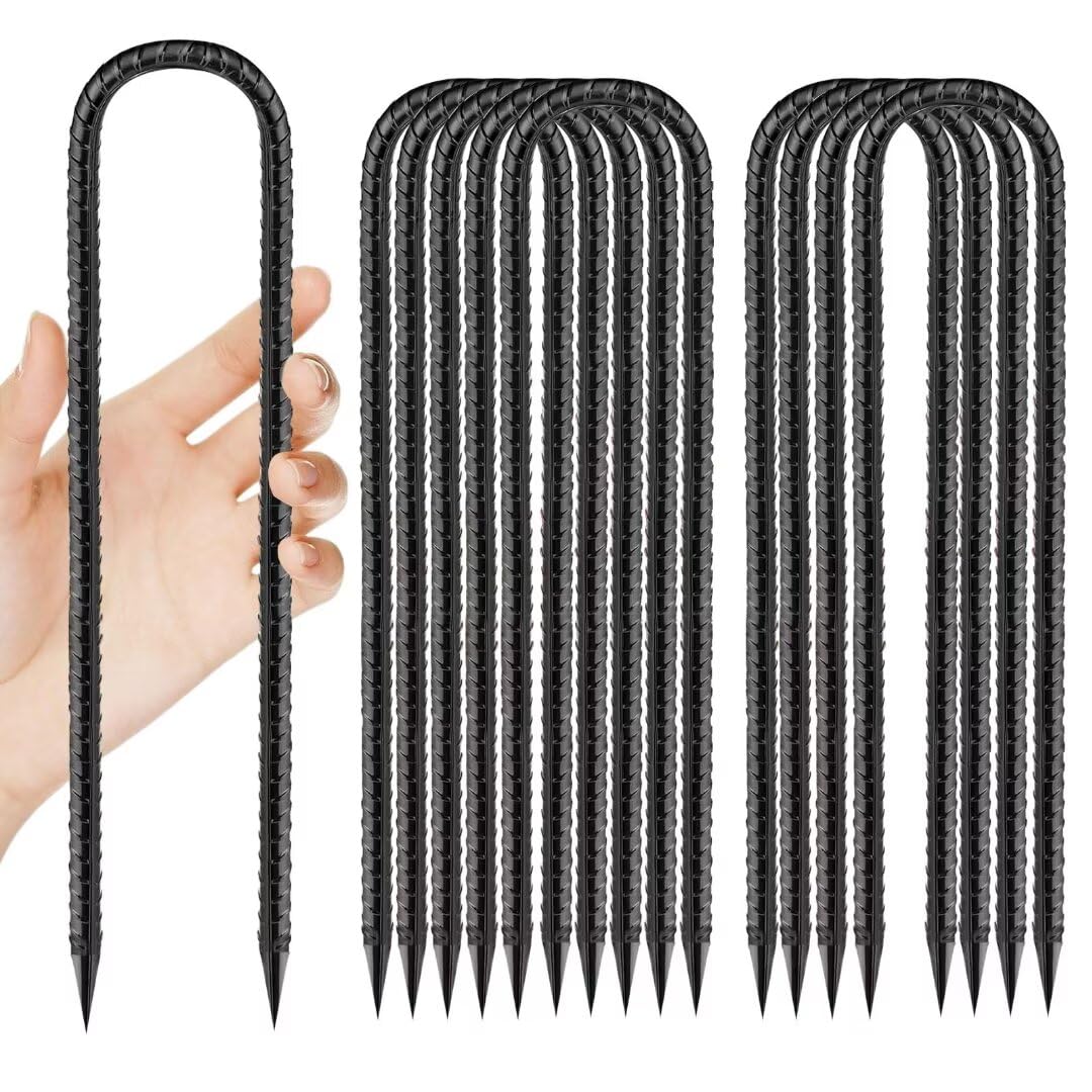 QNLONG pack frontal de 10 estacas 12" mostrando el contenido y facilidad de transporte