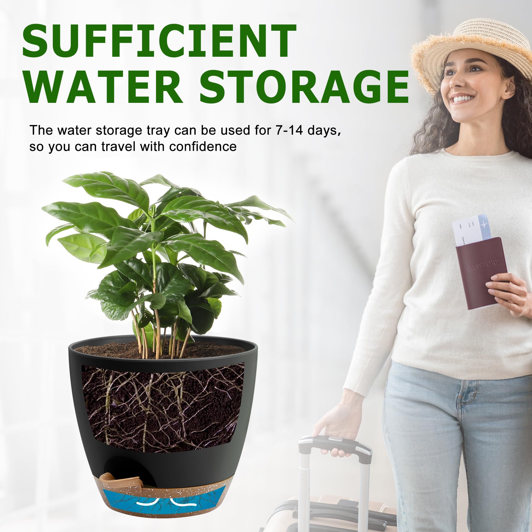 QRRICA maceta en uso sobre mesa interior, práctica para plantas de casa