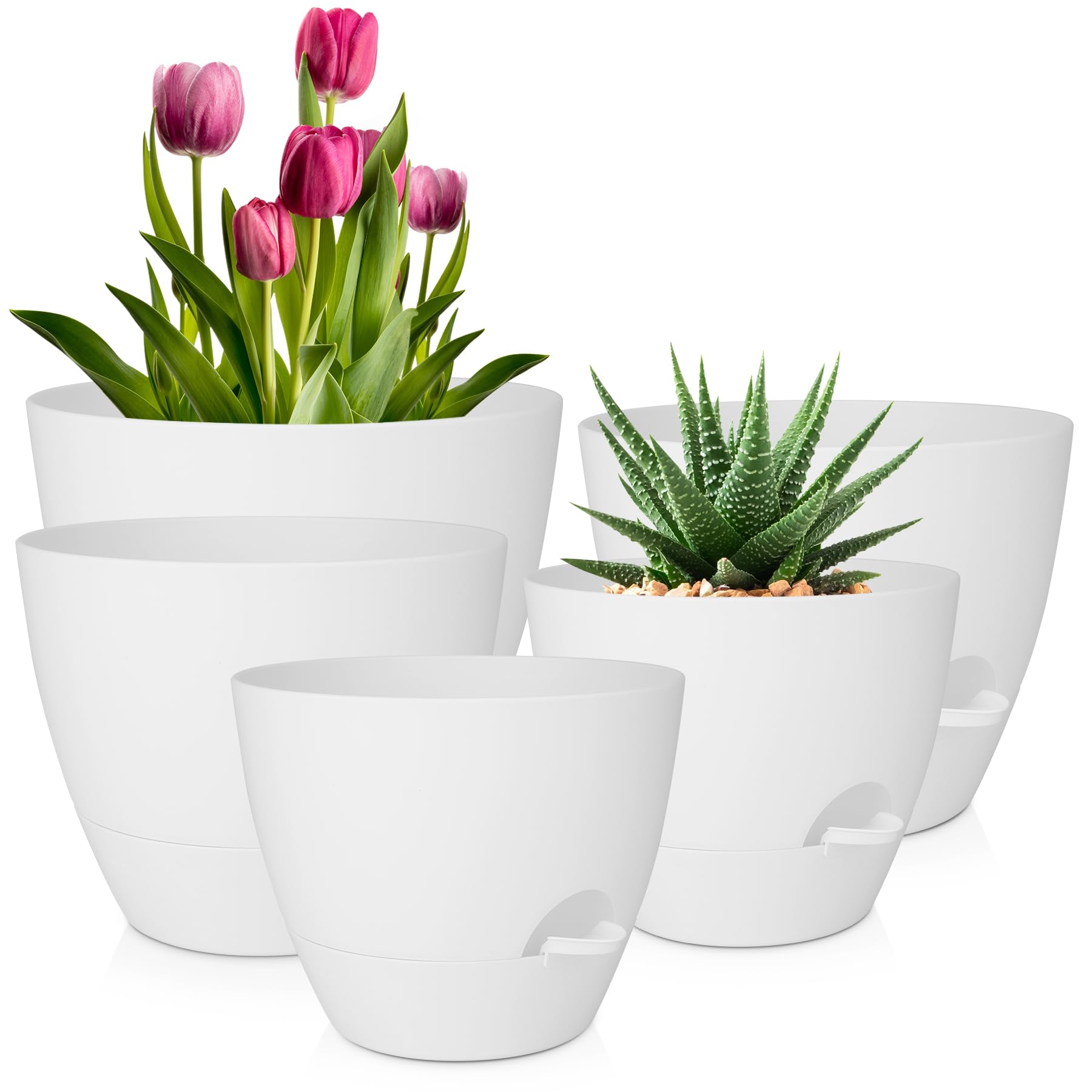 QRRICA maceta frontal set mostrando cinco tamaños y acabado blanco, aporta organización estética