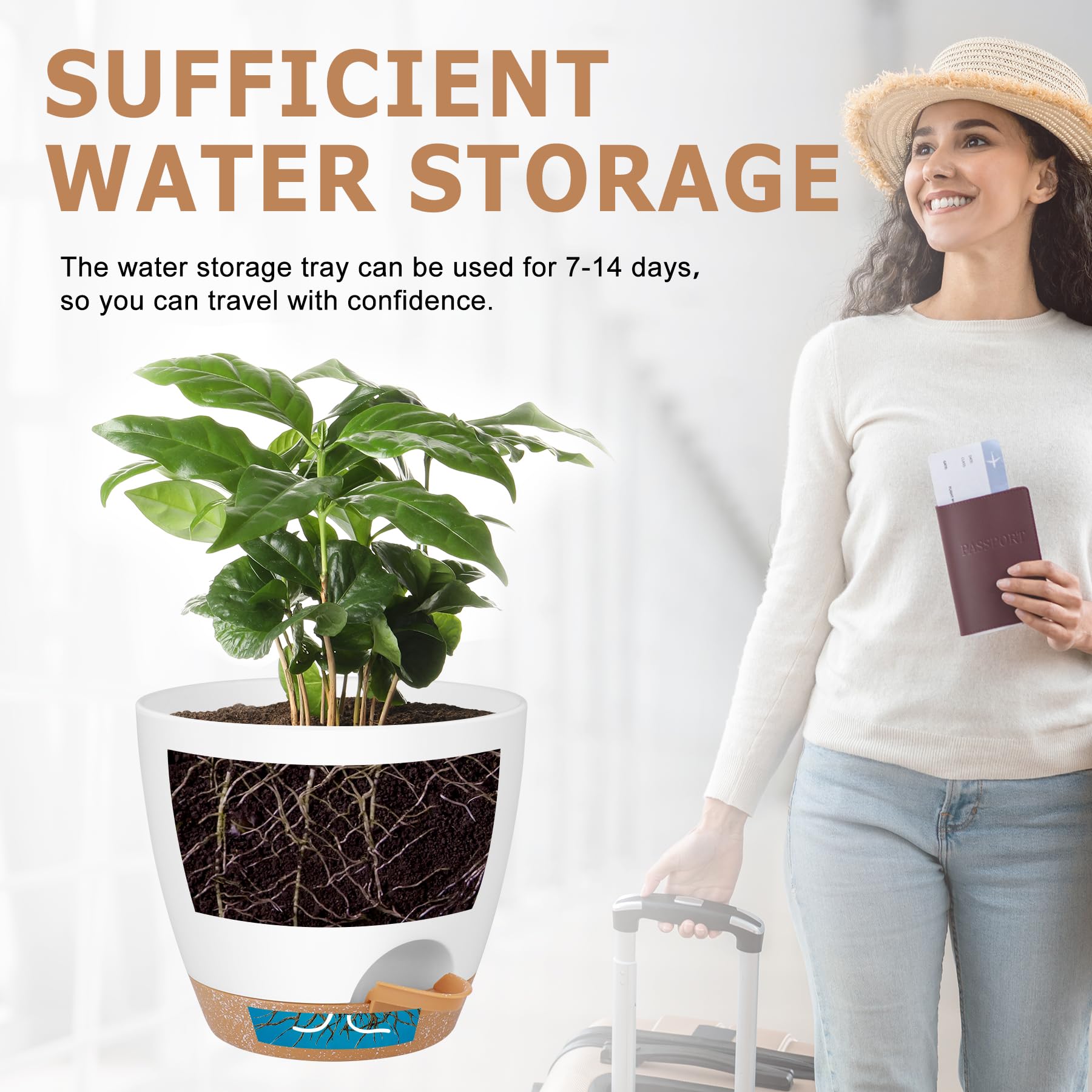 QRRICA maceta en interior salón con planta aportando estética y ahorro agua