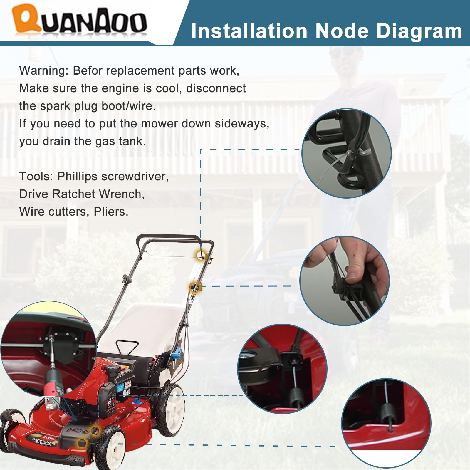 Quanaoo cable montado en un cortacésped Toro demostrando restauración de la tracción