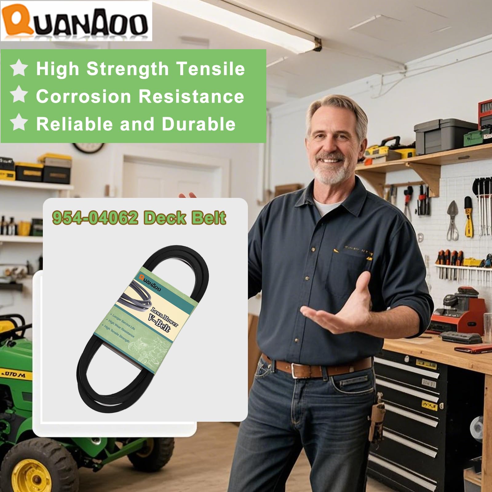 Quanaoo correa en tractor cortacésped en jardín mostrando corte uniforme