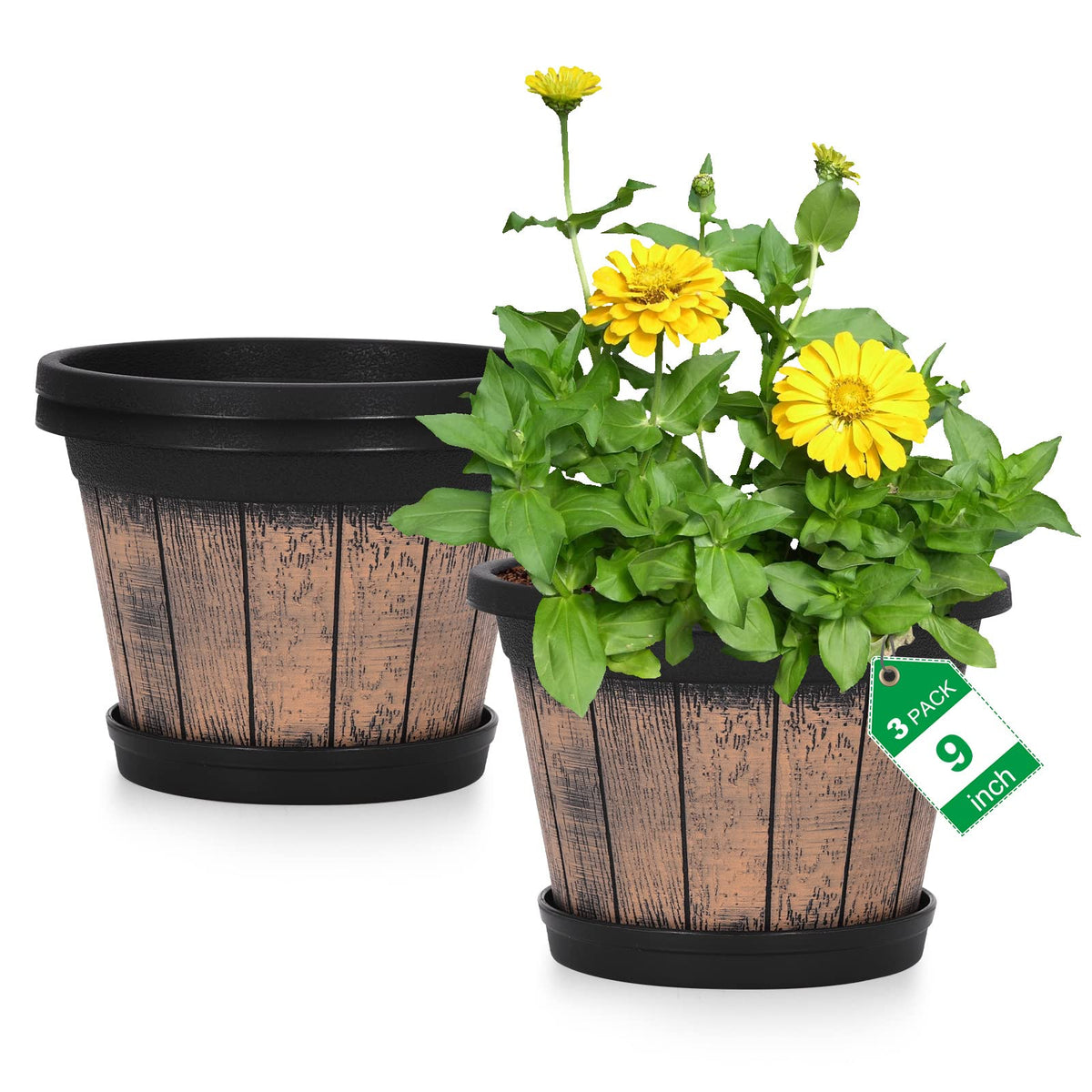 Quarut frontal pack de 3 macetas tipo barril, aspecto rústico y decoración instantánea