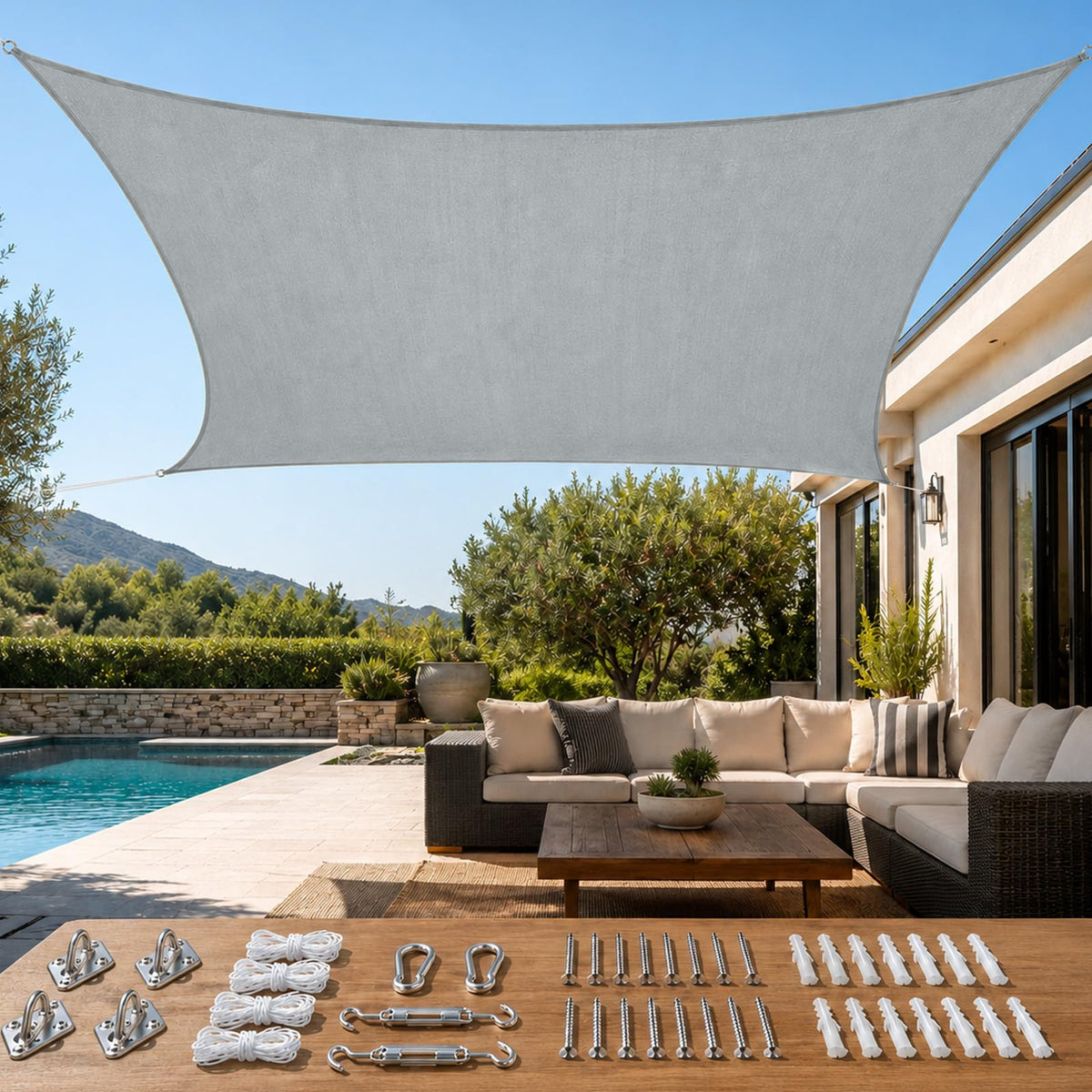 Quictent frontal del toldo mostrando diseño gris y sombra eficaz