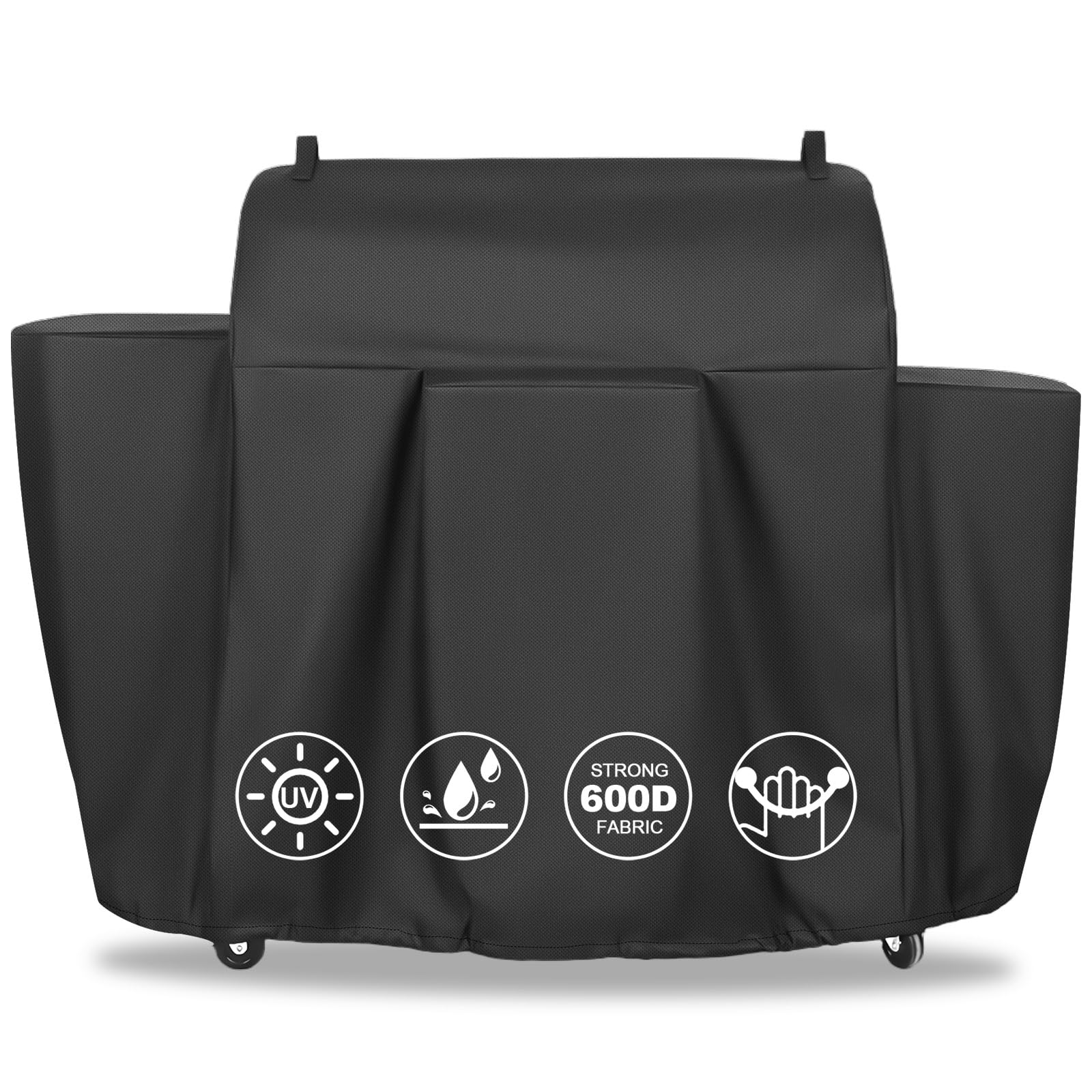QuliMetal vista frontal de la funda protegiendo parrilla Camp Chef, protege contra intemperie