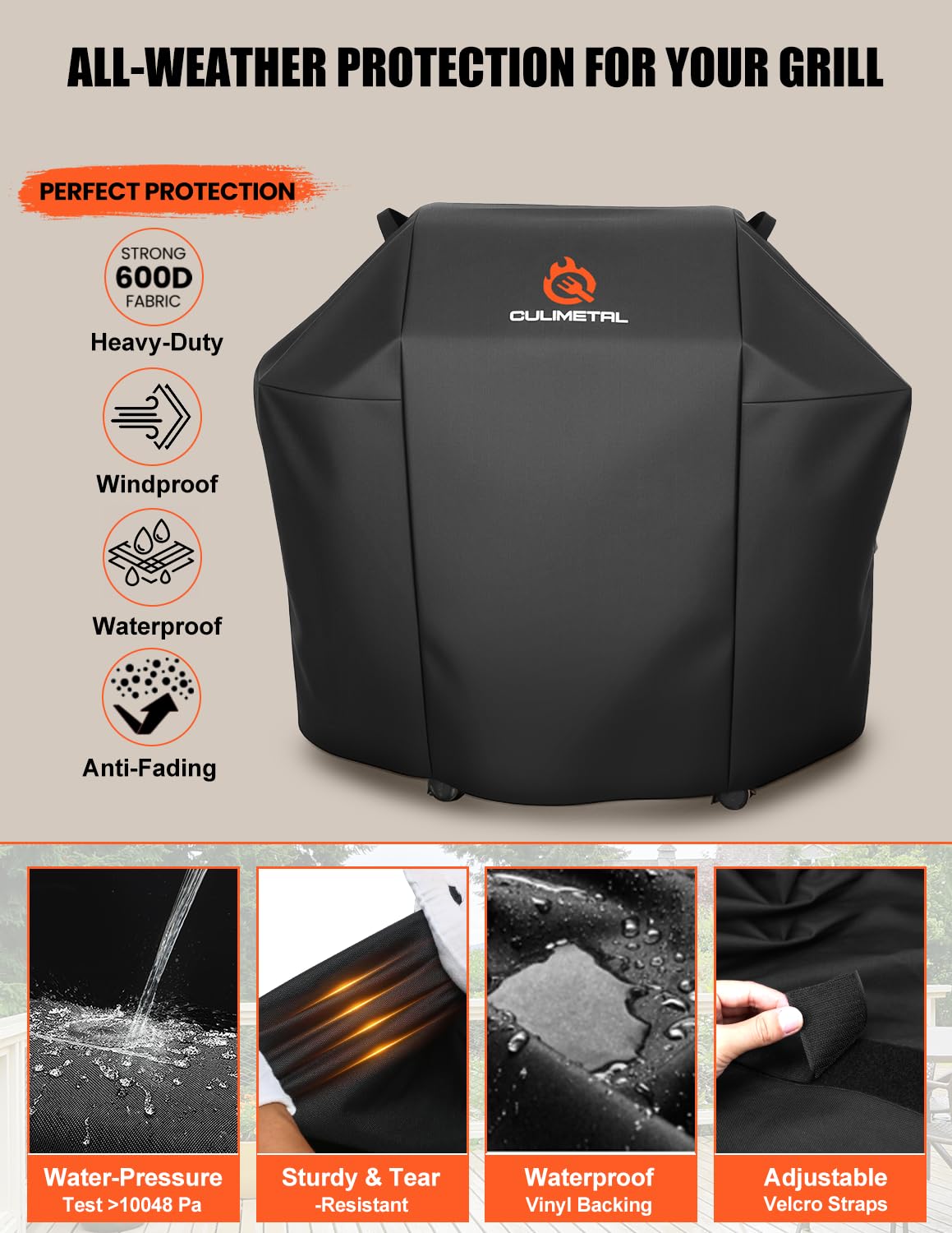 QuliMetal funda colocada en parrilla en exterior mostrando protección contra lluvia
