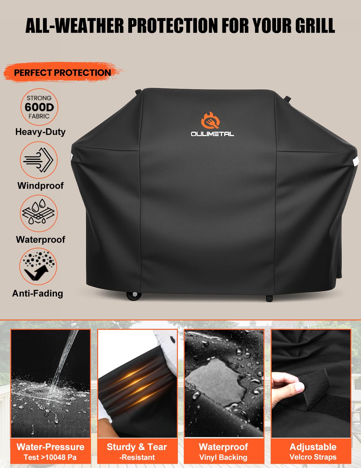 QuliMetal funda en uso cubriendo parrilla completa al aire libre