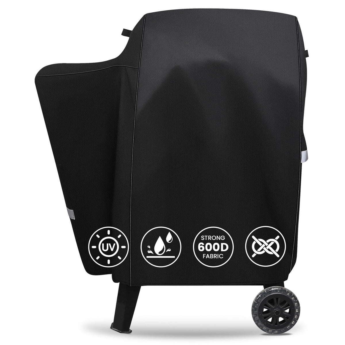QuliMetal funda frontal cubriendo Pit Boss Pro 600, protegiendo la parrilla