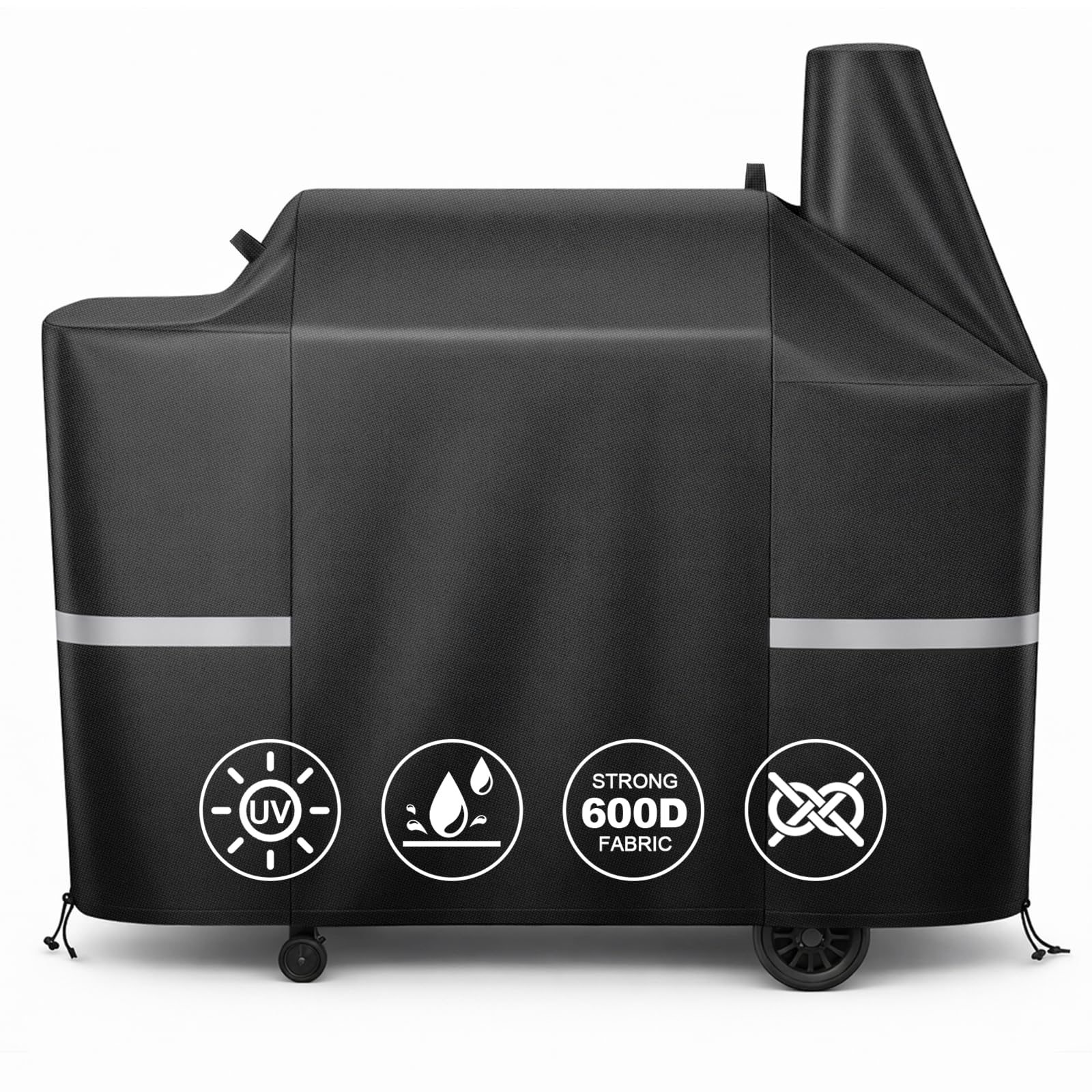 QuliMetal funda frontal para Pit Boss mostrando ajuste y protección contra lluvia