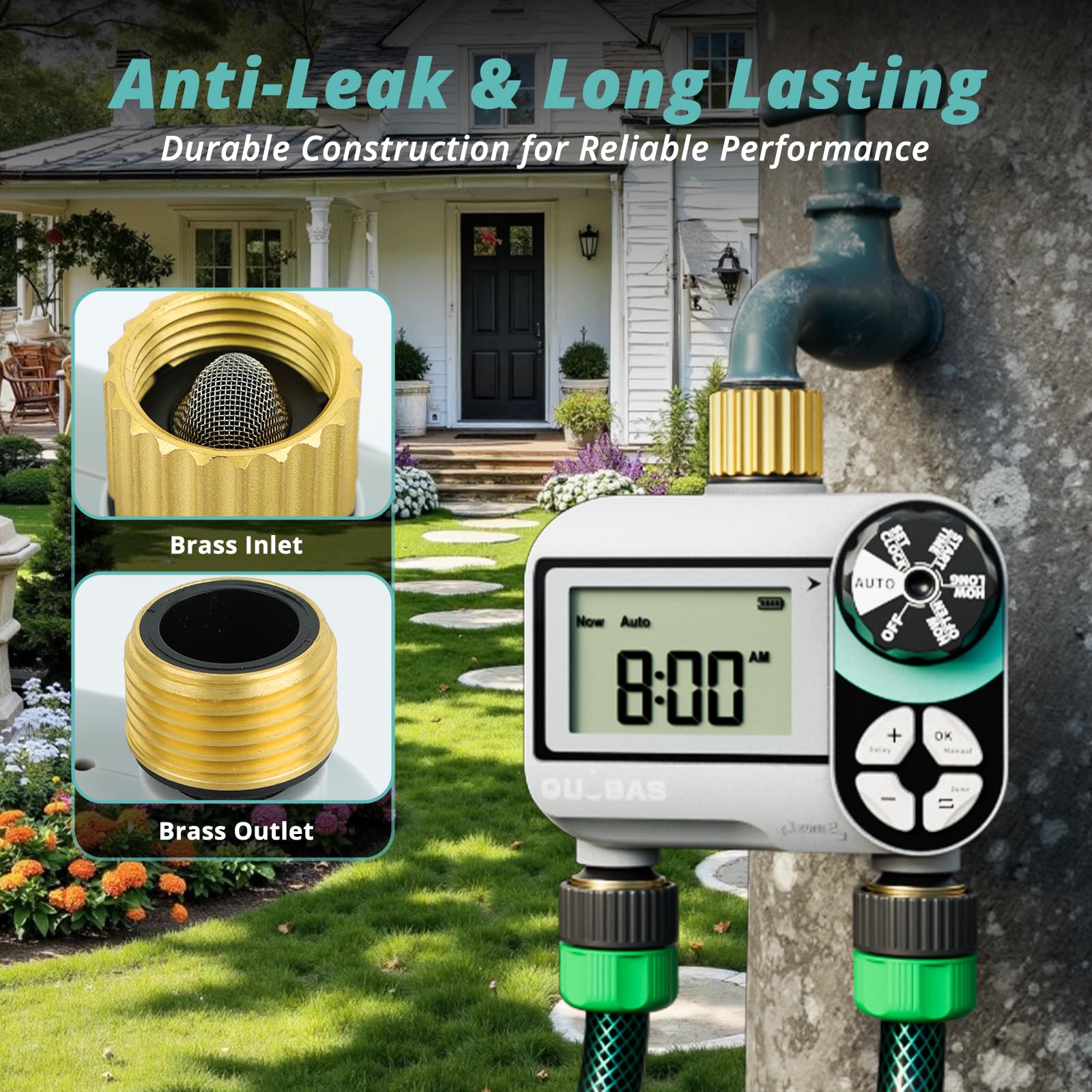 QUOBAS instalado en grifo exterior, compatible con mangueras 3/4"