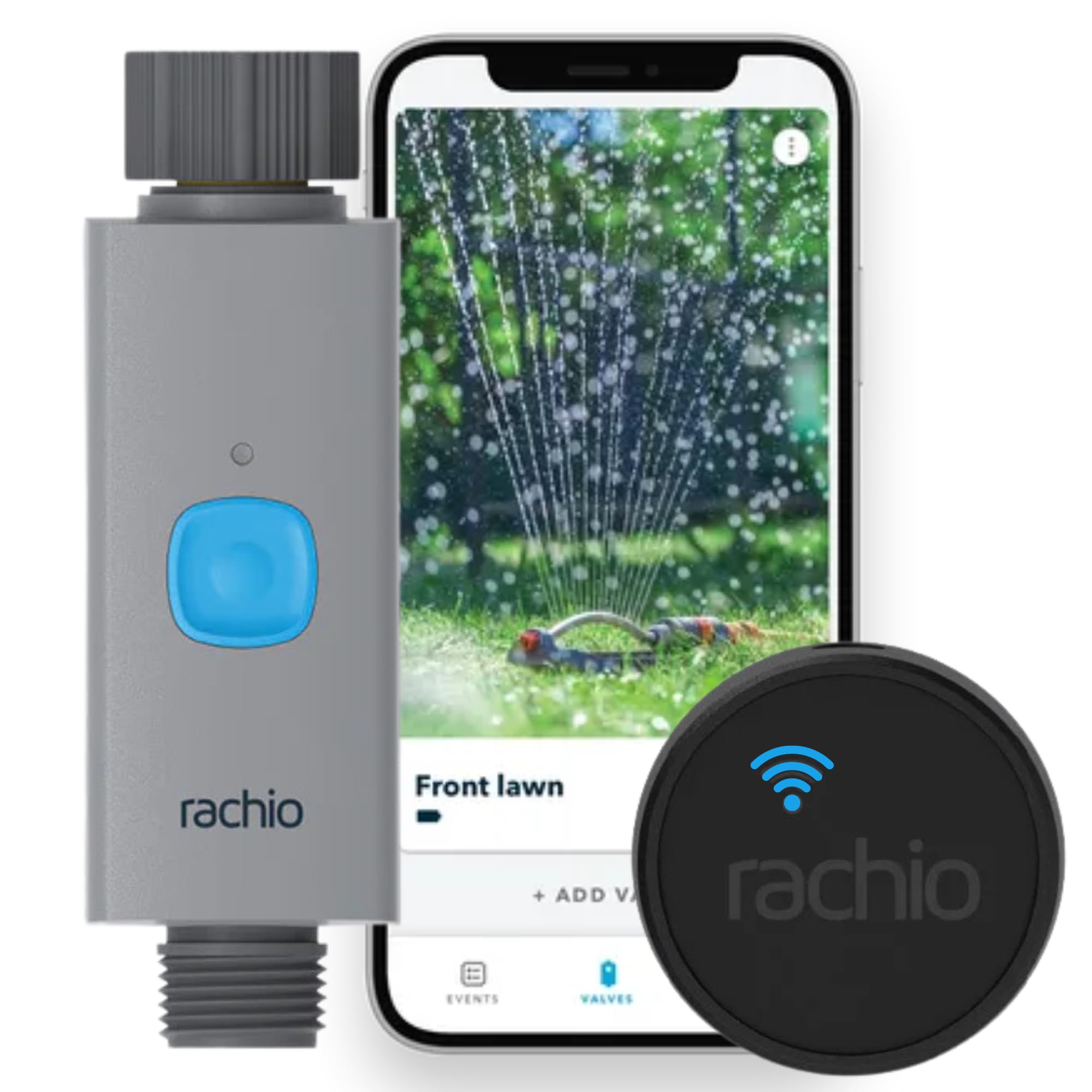 Rachio temporizador de manguera frontal mostrando diseño compacto y control fácil
