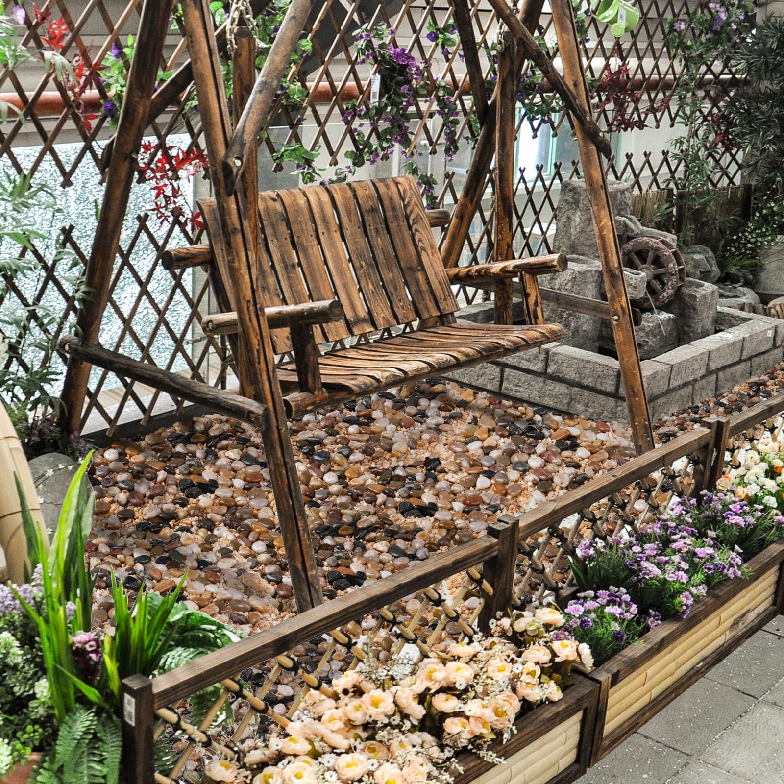 Rahato terraza con piedras integradas creando ambiente acogedor