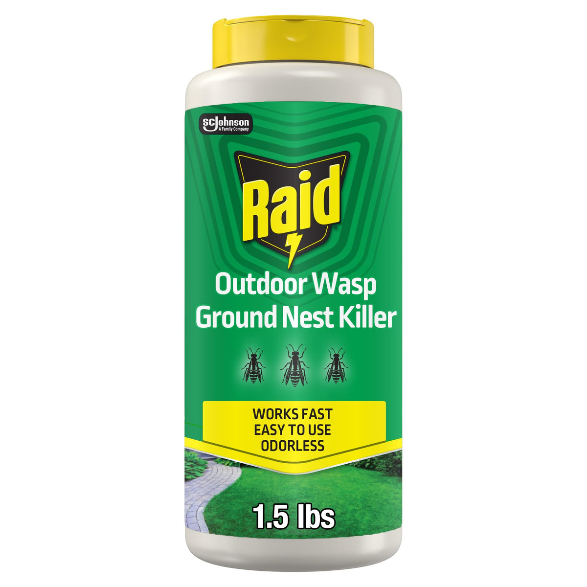 Raid envase frontal mostrando polvo insecticida y beneficio control rápido