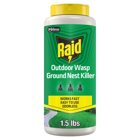 Raid envase frontal mostrando polvo insecticida y beneficio control rápido