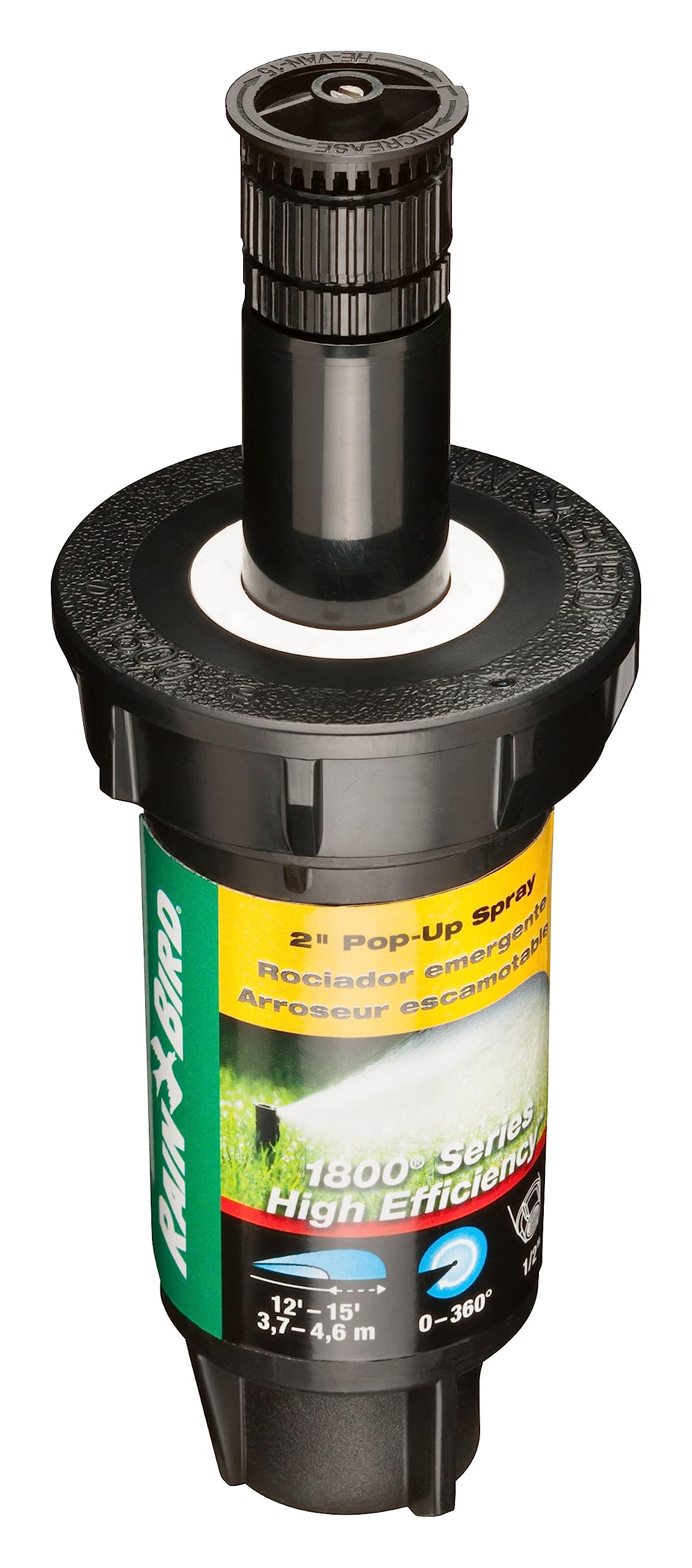 Rain Bird 1802HEVN15 vista frontal mostrando el cuerpo y difusor, mayor control de riego