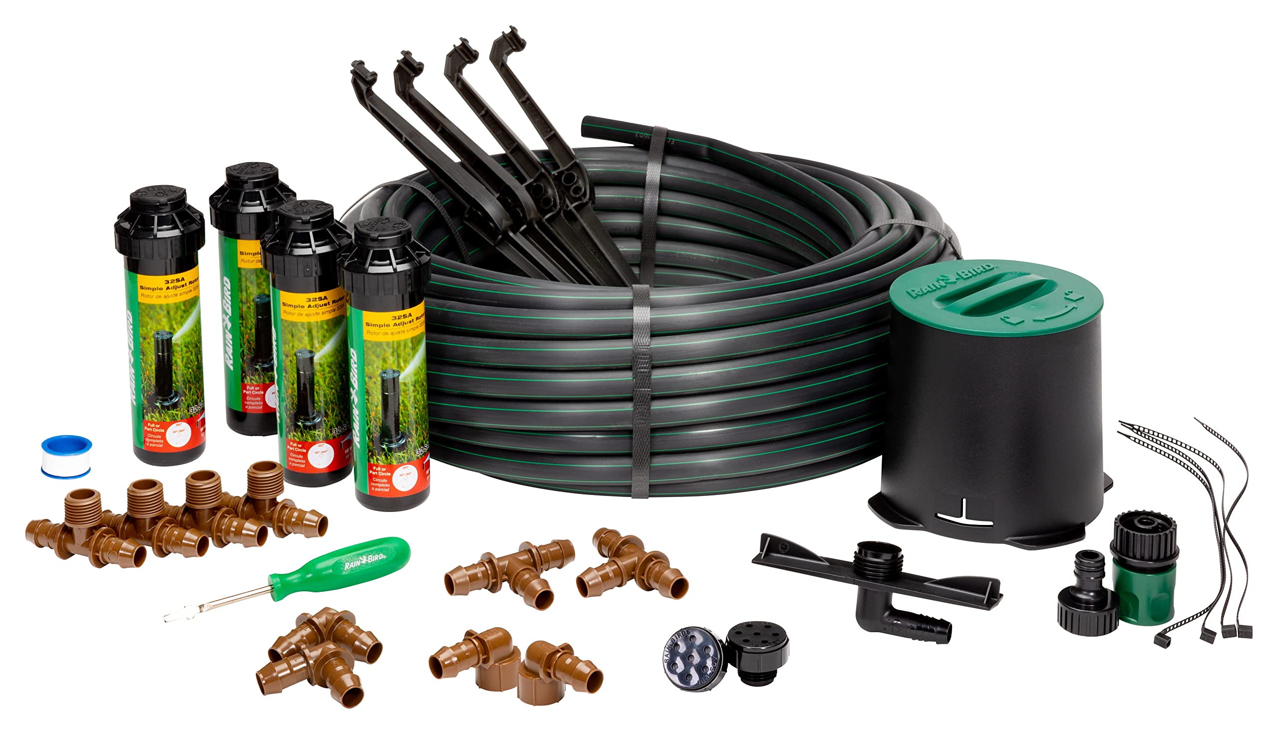 Rain Bird kit 32HE frente del paquete mostrando componentes y beneficio ahorro