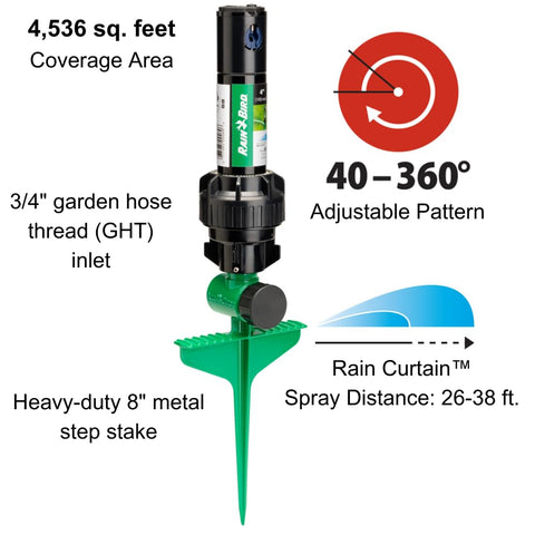 Rain Bird boquilla Rain Curtain en primer plano, gotas grandes resistentes al viento